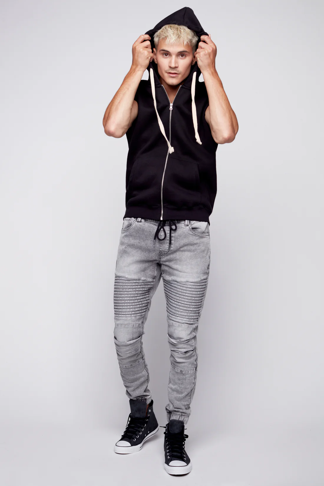 JACKSON - 5 Pocket Moto Pintuck Jogger - Dark Grey Acid Wash